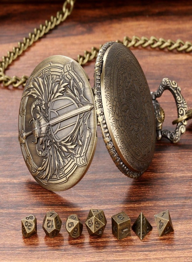 Keller & Weber Mini DND Dice Set with Steampunk Paladin Pocket Watch Shell Case, DND Starter Set, 7pcs Polyhedral Mini Metal Dice Set, D&D Gifts with Gift Box, Role Playing Board Game Accessories,Bronze - Image 4